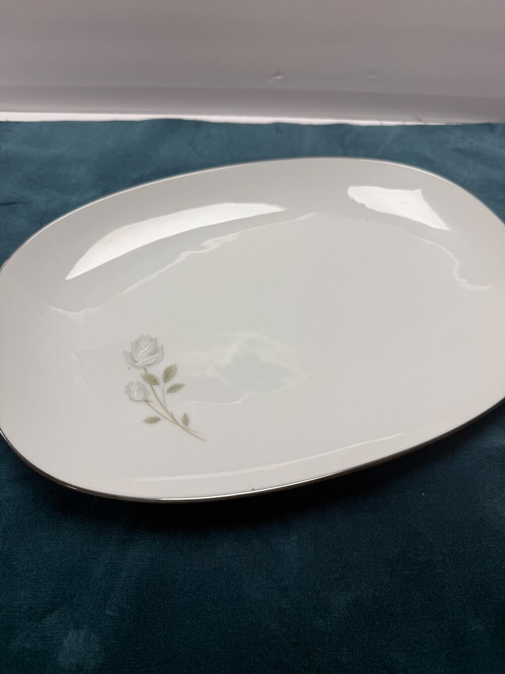 Noritake Altadena 6437 Oval Serving Platter White Floral Silver Trim Japan